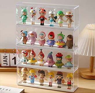 3-tier clear acrylic dustproof blind box figure display case, fully filled with colorful pop mart art toy dolls, home living room decor
