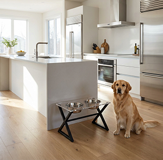 Modern bright white kitchen interior, transparent acrylic side table with metal X frame, golden retriever dog sitting beside countertop