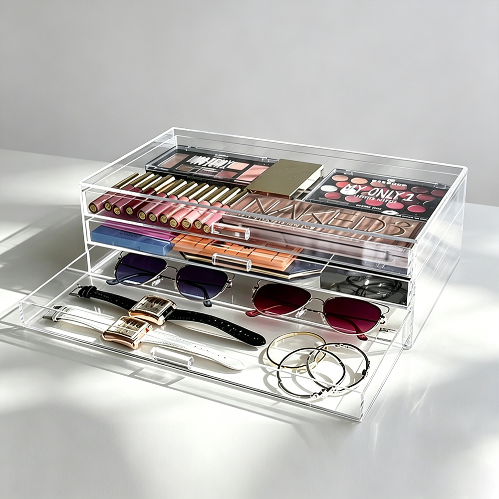 Clear Acrylic 3-Drawer Organizer Makeup, Sunglasses & Accessory Storage Box.