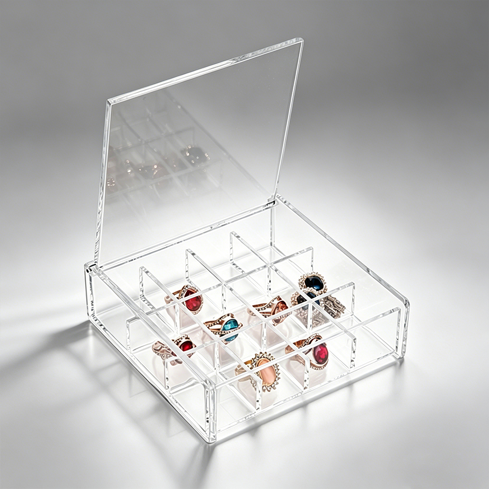 Clear Acrylic Compartment Ring Organizer Lidded Jewelry Display Box