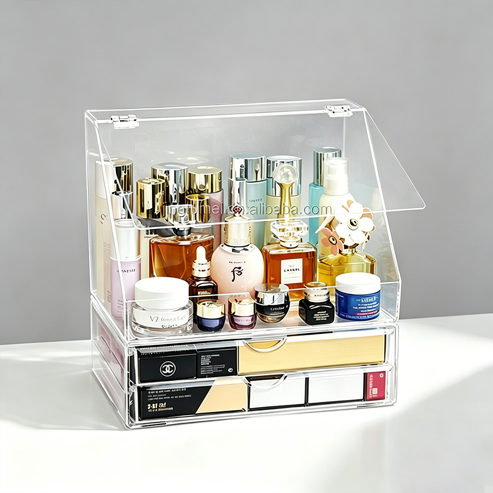 Clear Acrylic Flip-Top Makeup Organizer Large-Capacity Skincare Storage with Drawers