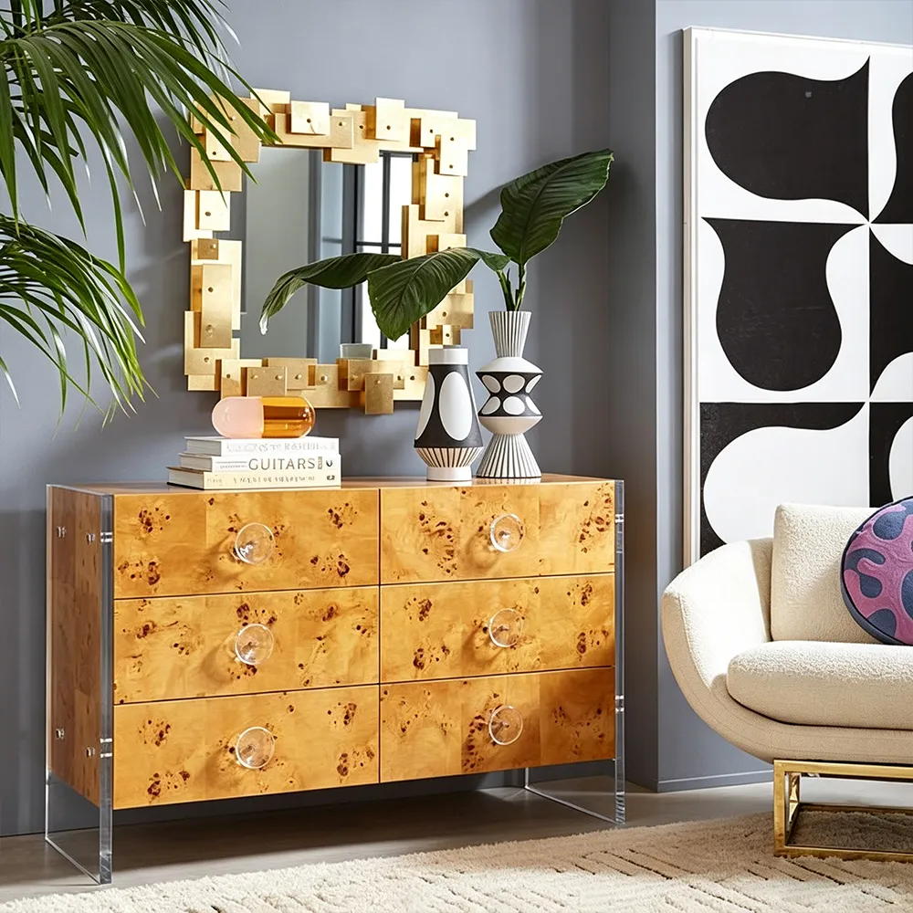 Burl Wood & Acrylic Floating Dresser Luxury Retro 6-Drawer Cabinet.