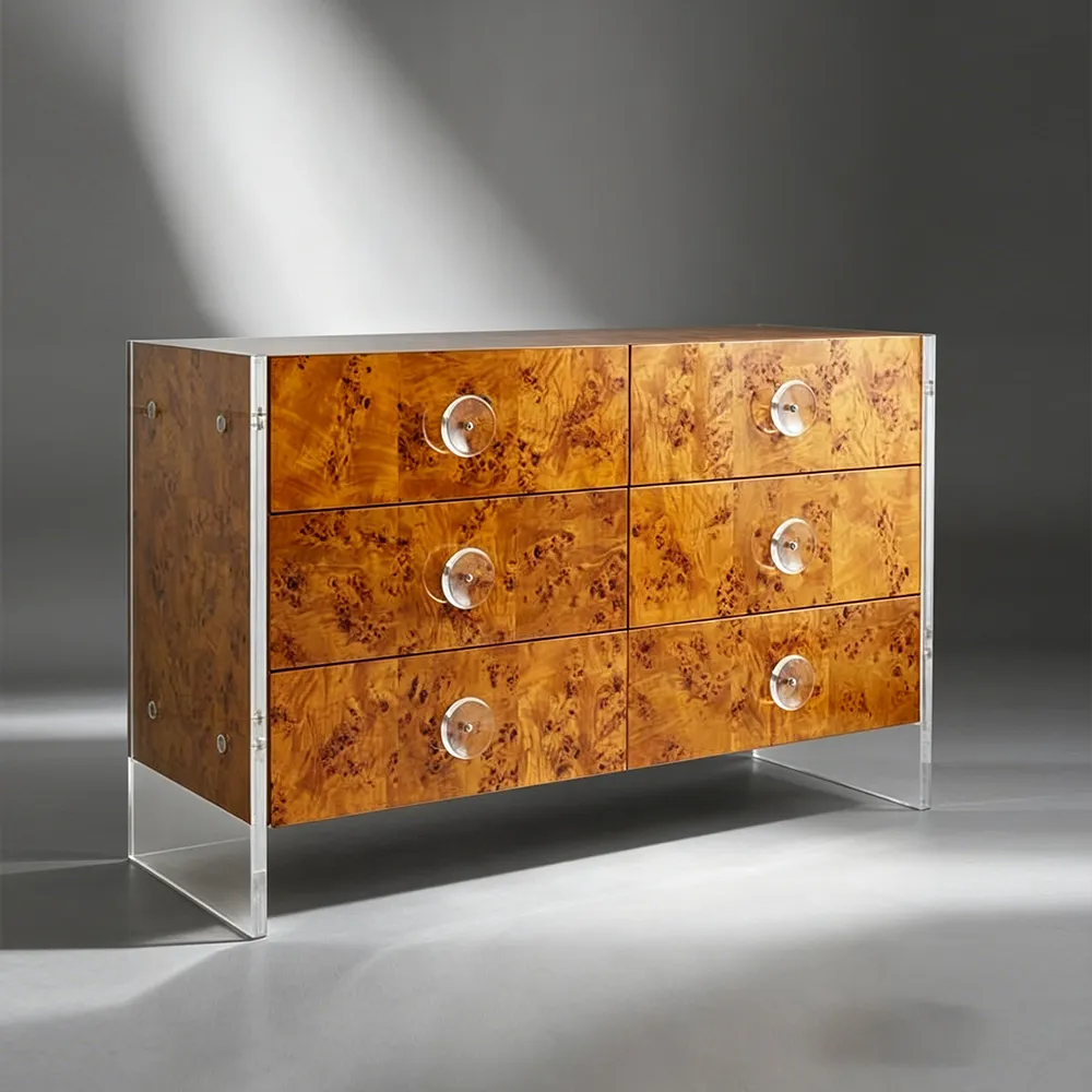 Burl Wood & Acrylic Floating Dresser Luxury Retro 6-Drawer Cabinet