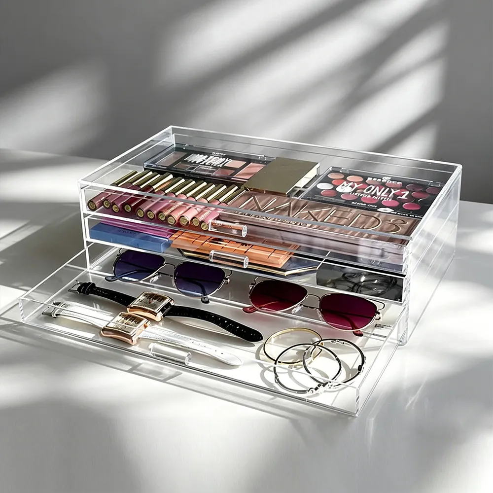 Clear Acrylic 3-Drawer Organizer Makeup, Sunglasses & Accessory Storage Box.