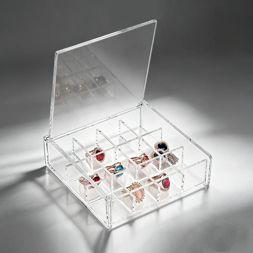 Clear Acrylic Compartment Ring Organizer Lidded Jewelry Display Box