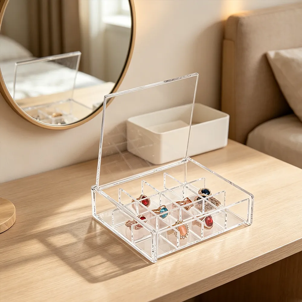 Clear Acrylic Compartment Ring Organizer Lidded Jewelry Display Box.