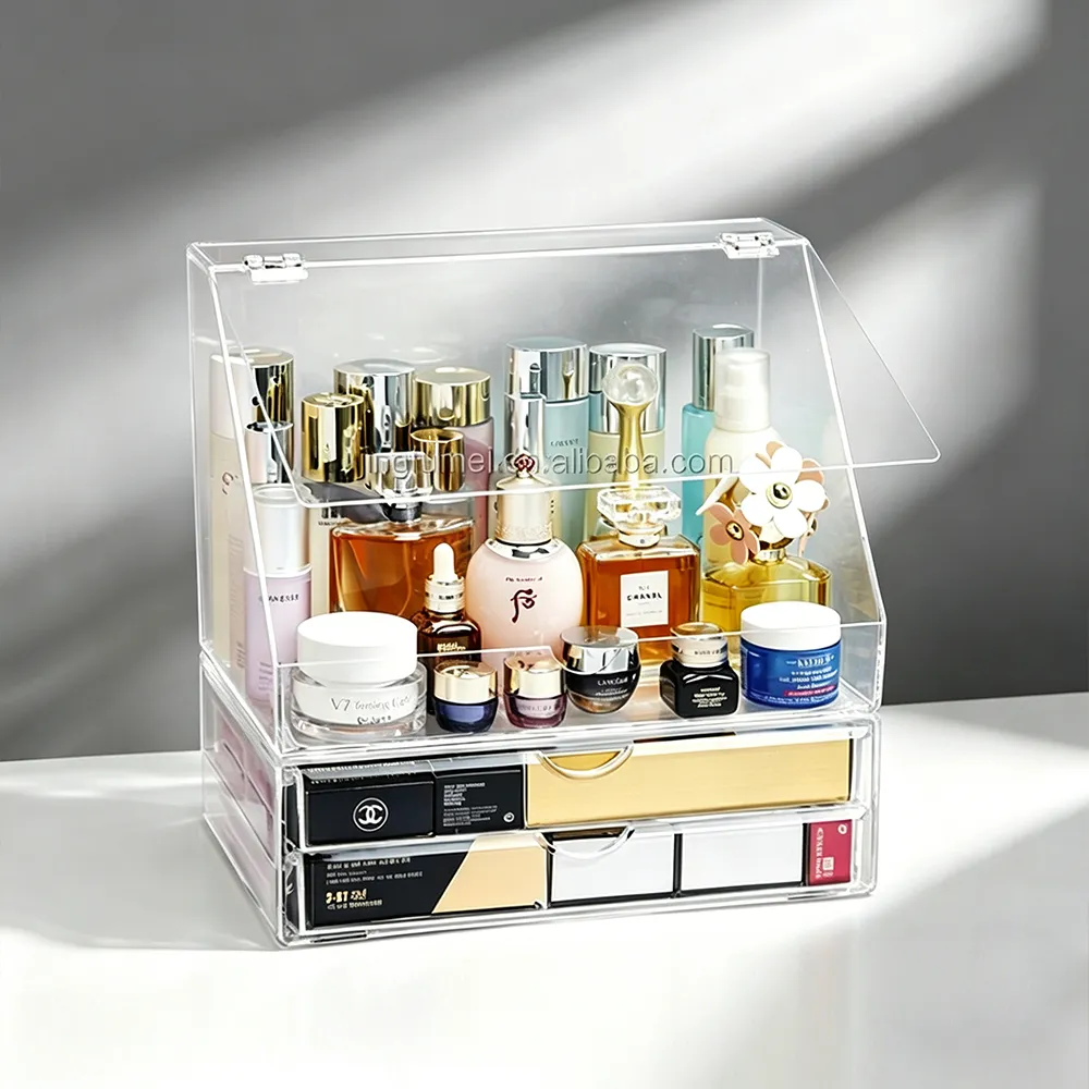 Clear Acrylic Flip-Top Makeup Organizer Large-Capacity Skincare Storage with Drawers