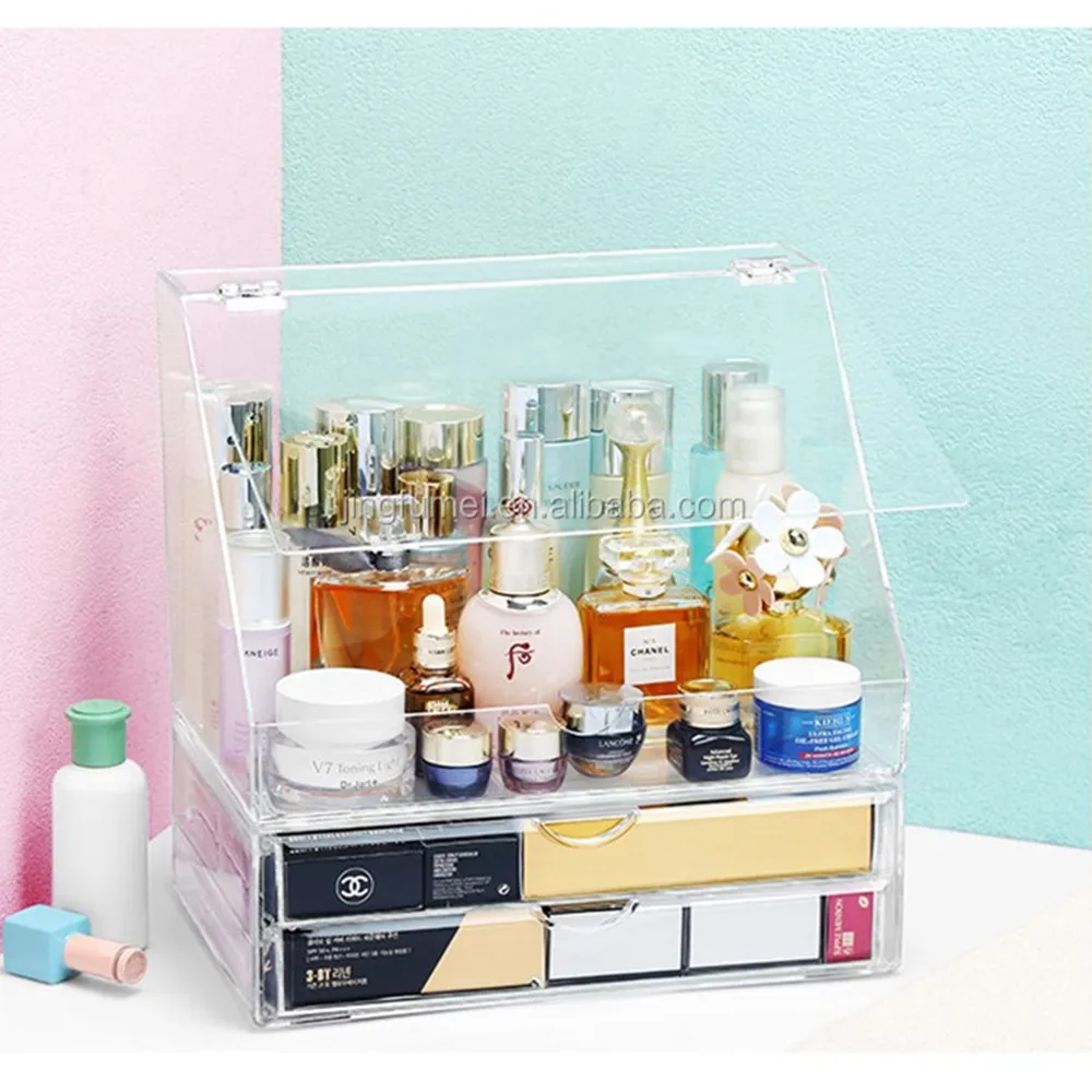 Clear Acrylic Flip-Top Makeup Organizer Large-Capacity Skincare Storage with Drawers.