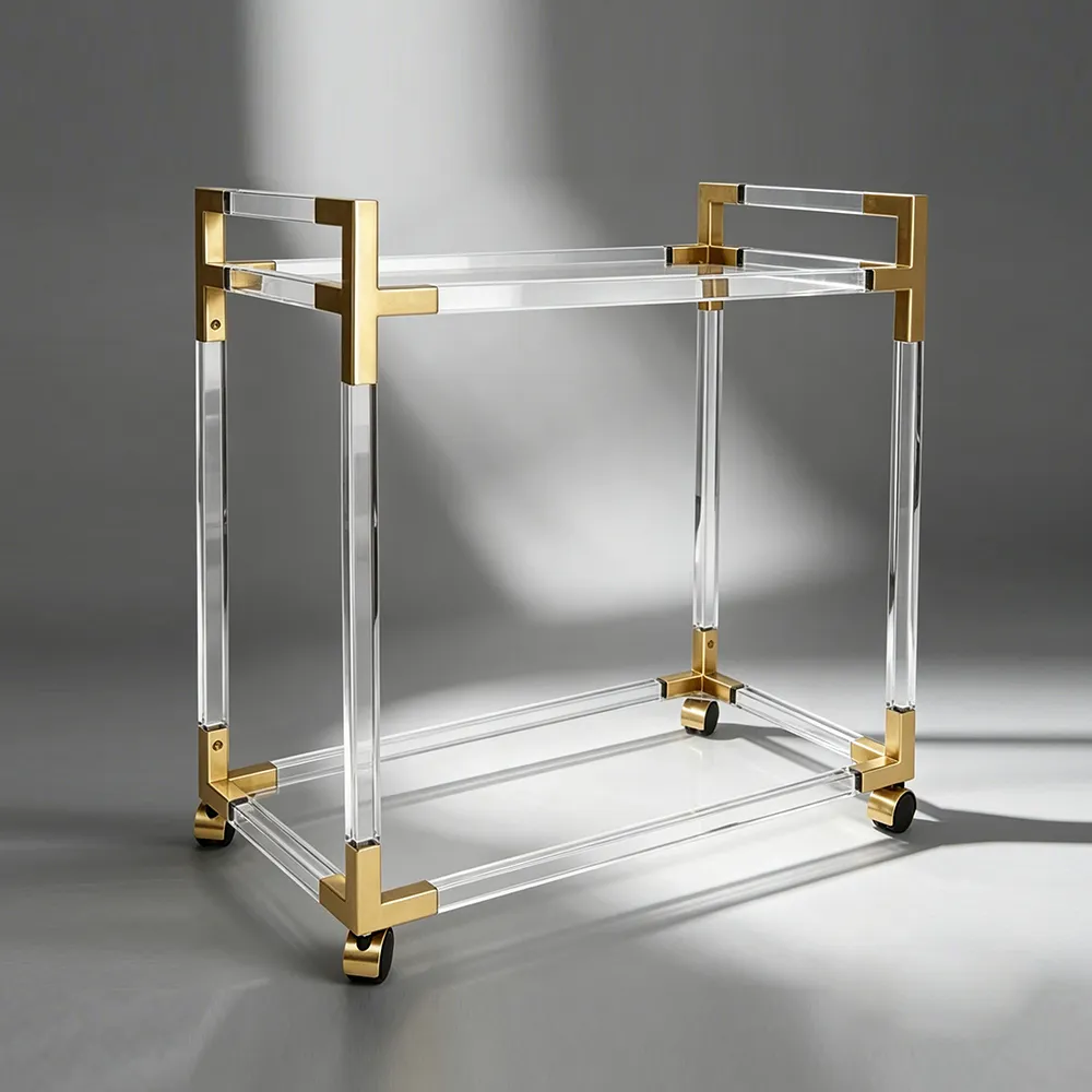 Luxury Acrylic & Gold Bar Cart Double-Tier Clear Serving Trolley