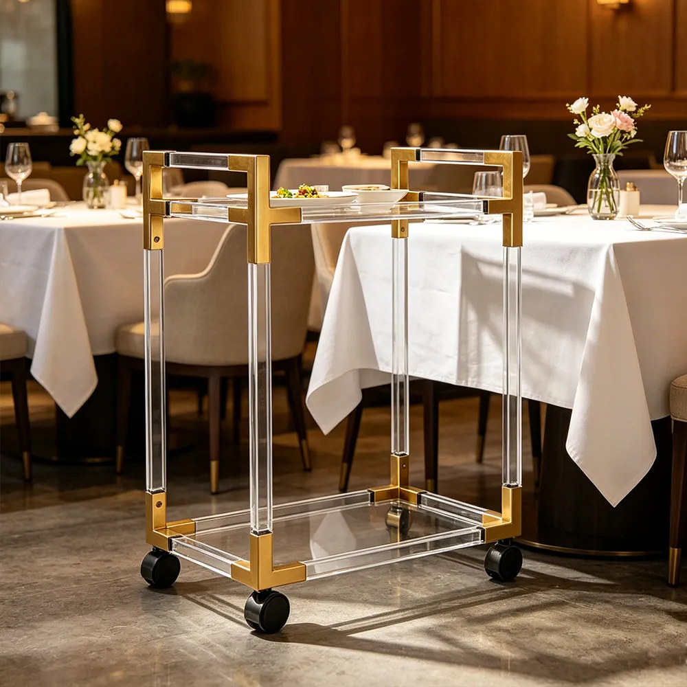 Luxury Acrylic & Gold Bar Cart Double-Tier Clear Serving Trolley.
