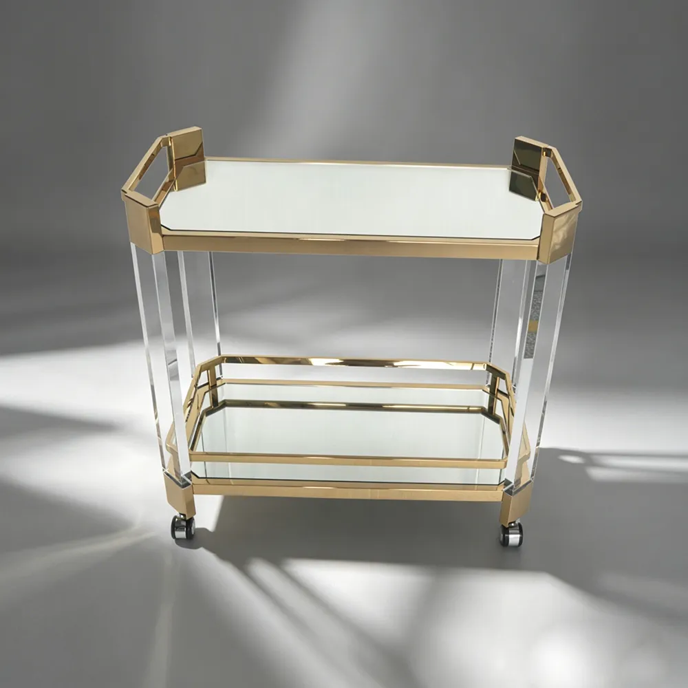 Luxury Acrylic & Gold Bar Cart Double-Tier Mirrored Serving Trolley