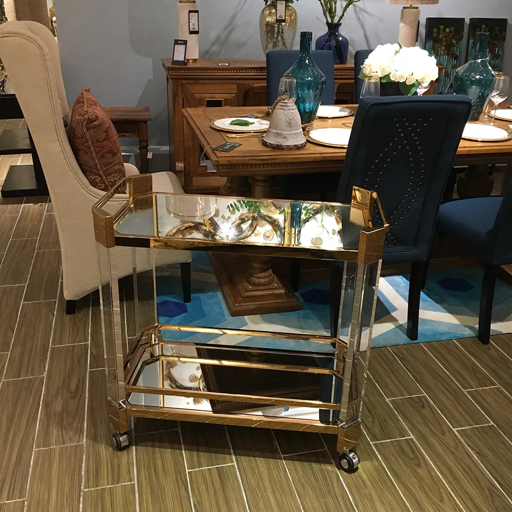 Luxury Acrylic & Gold Bar Cart Double-Tier Mirrored Serving Trolley.