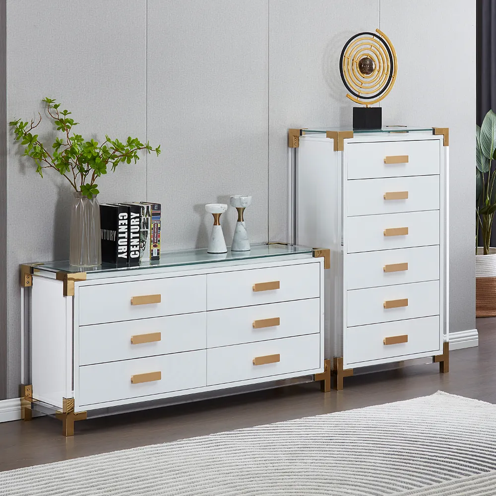 Luxury Acrylic & Gold Dresser Set White Glass-Top Storage Cabinets