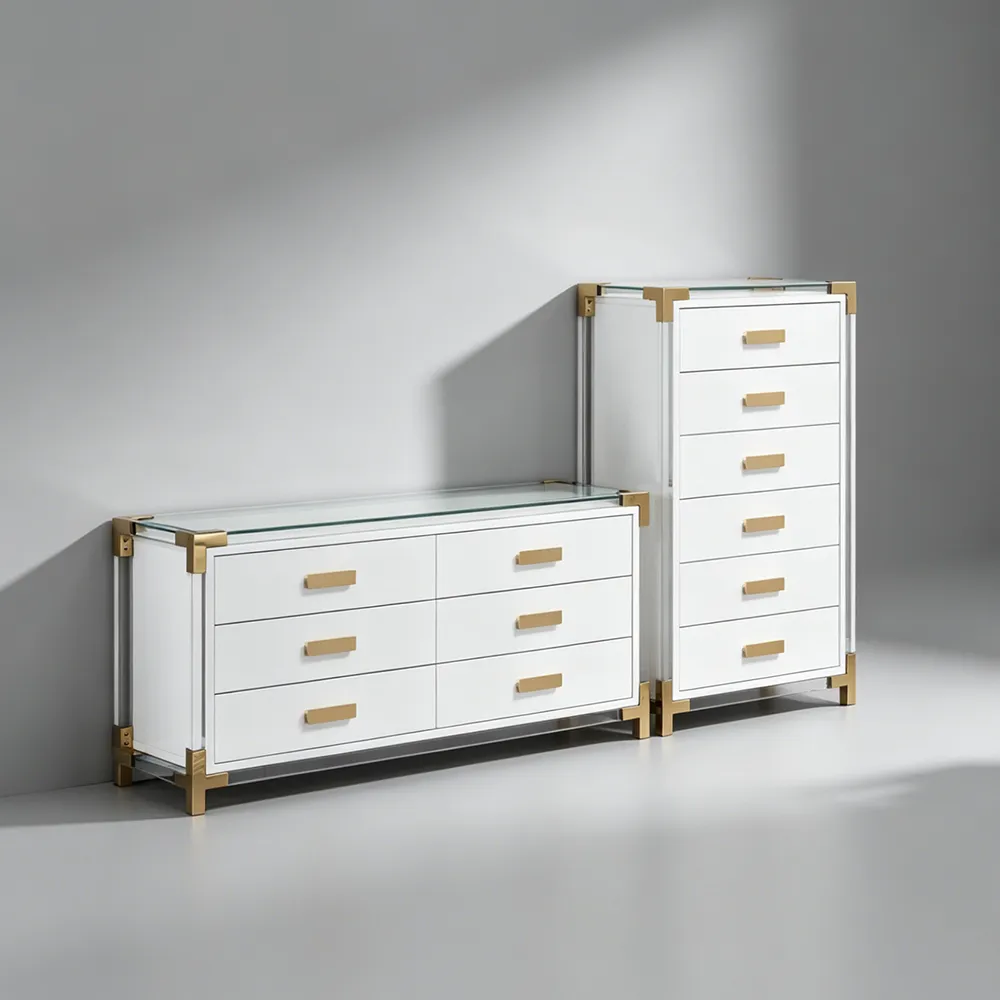 Luxury Acrylic & Gold Dresser Set White Glass-Top Storage Cabinets.
