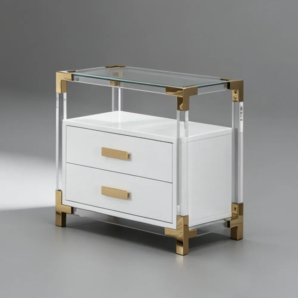 Luxury Acrylic & Gold Nightstand White 2-Drawer Glass-Top Side Table
