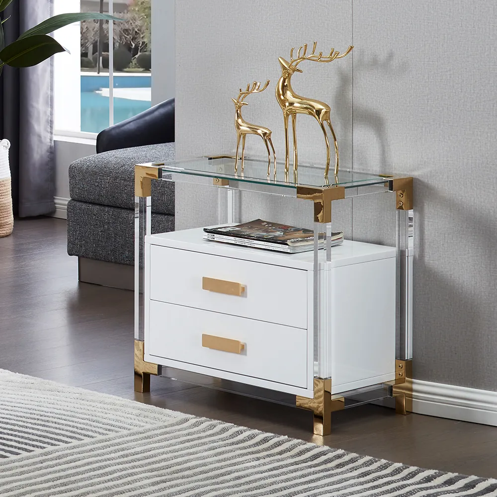 Luxury Acrylic & Gold Nightstand White 2-Drawer Glass-Top Side Table.