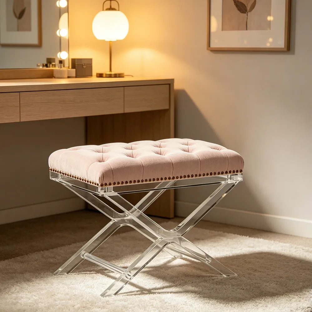 Luxury Pink Velvet & Acrylic Stool .