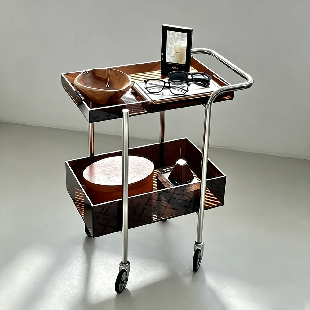 Smoked Amber Acrylic Double-Tier Cart Metal Frame Luxury Serving Trolley