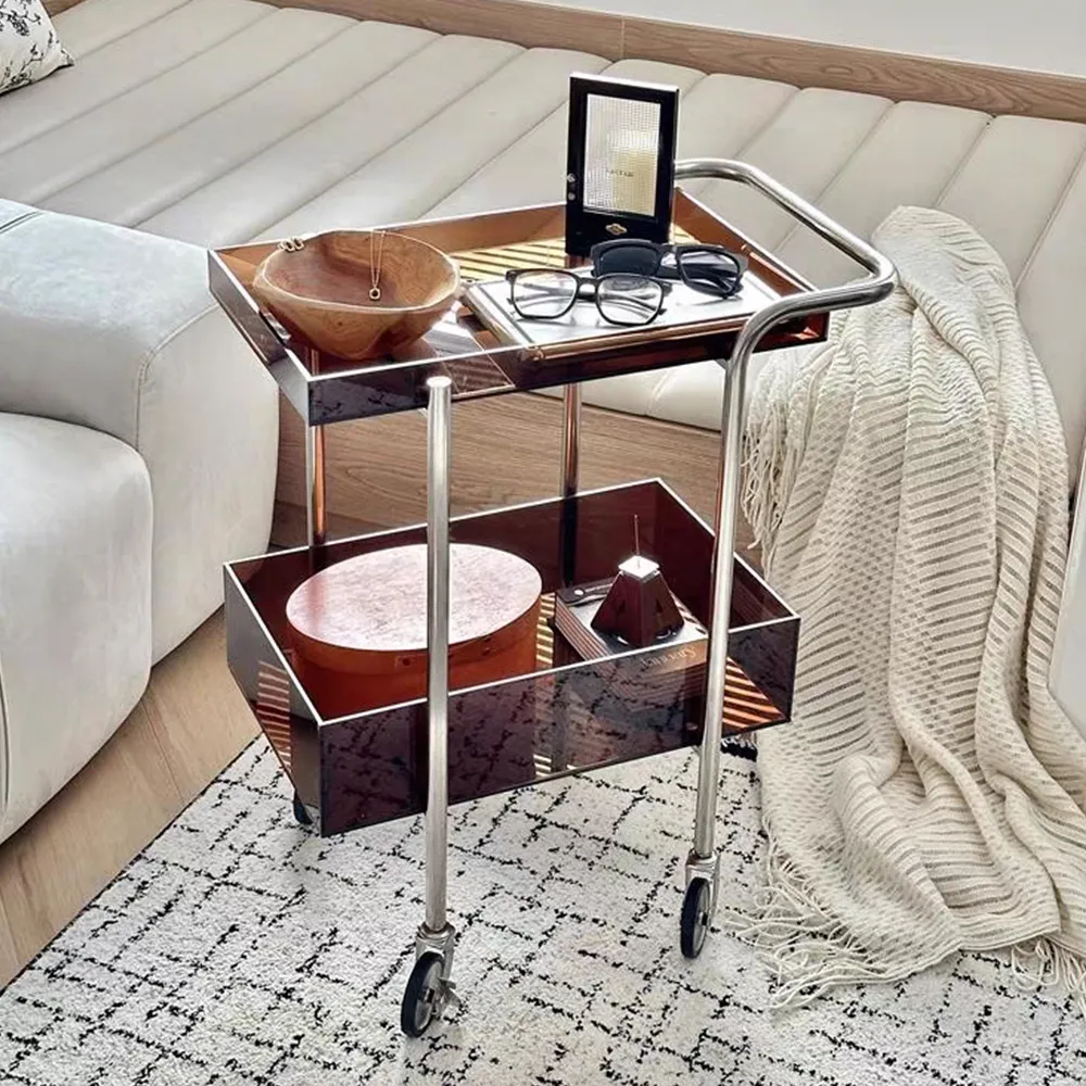 Smoked Amber Acrylic Double-Tier Cart Metal Frame Luxury Serving Trolley.