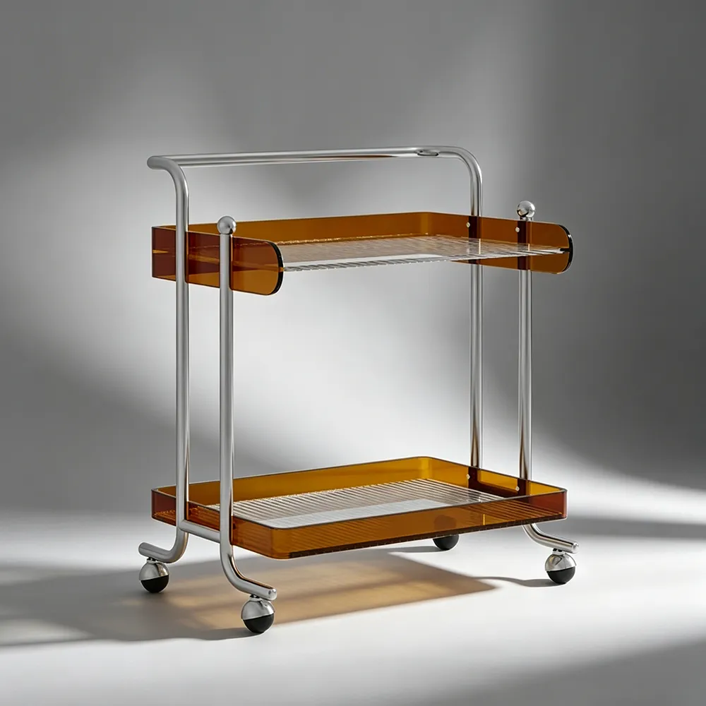 Vintage Amber Acrylic Bar Cart Double-Tier Metal Frame Serving Trolley