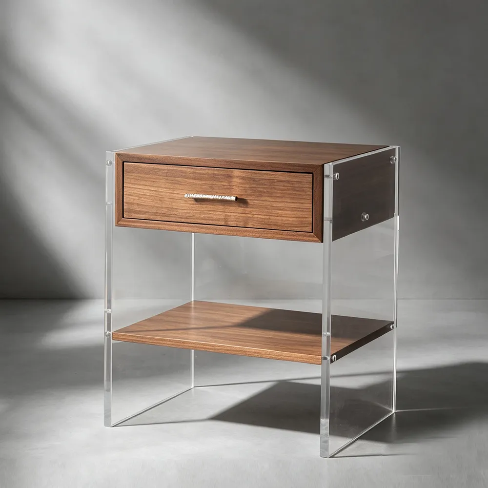 Walnut & Acrylic Floating Nightstand Luxury 1-Drawer Side Table