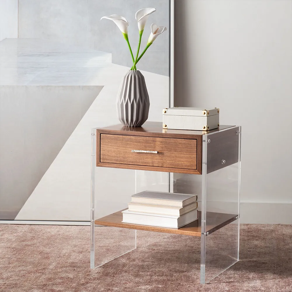 Walnut & Acrylic Floating Nightstand Luxury 1-Drawer Side Table.