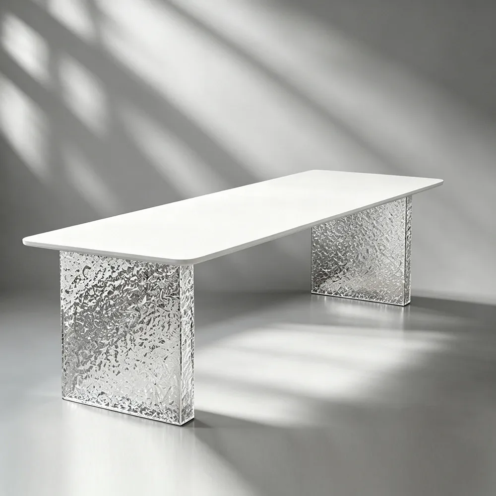 White Dining Table with Water-Ripple Acrylic Legs