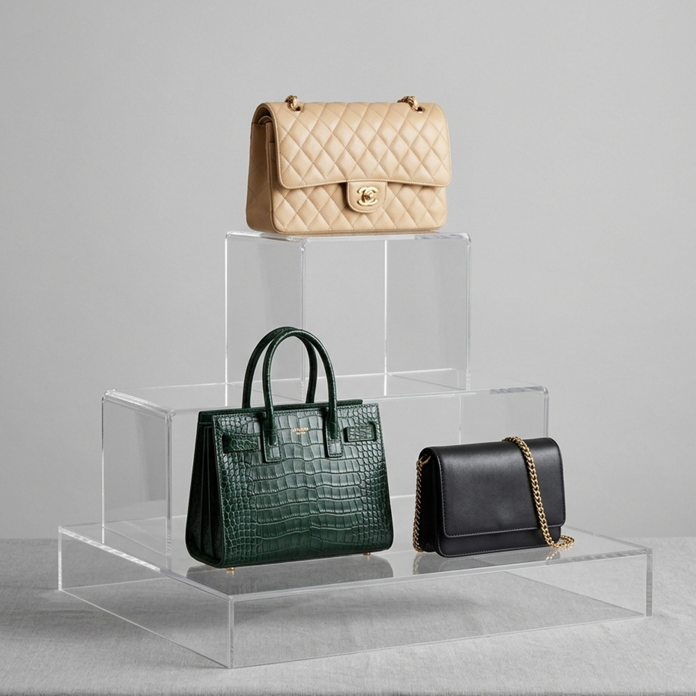 Tiered Clear Acrylic Luxury Handbag Display Riser | Wholesale Retail Showcase Stand