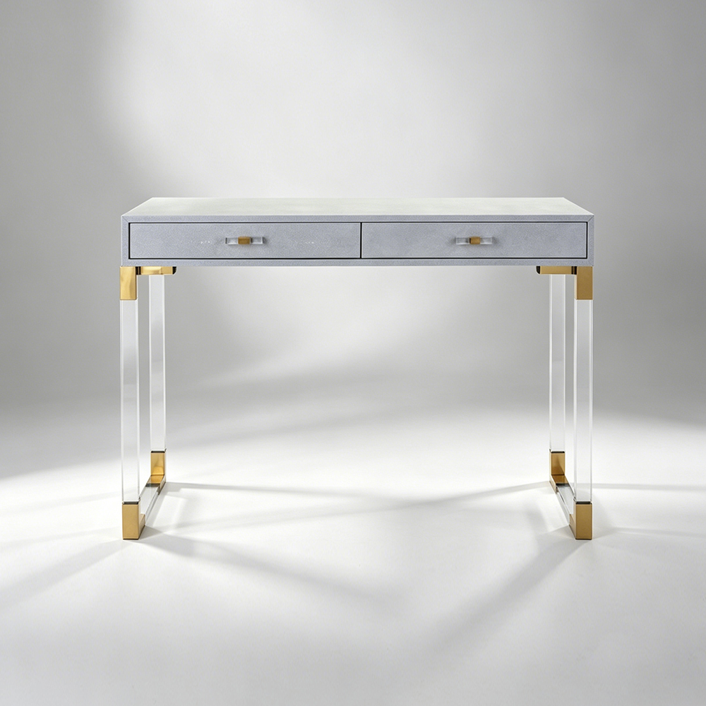 Luxury Light Grey Velvet Acrylic Desk | Modern Gold Metal Leg Home Office Desk, Vanity Table, Factory Custom Wholesale
