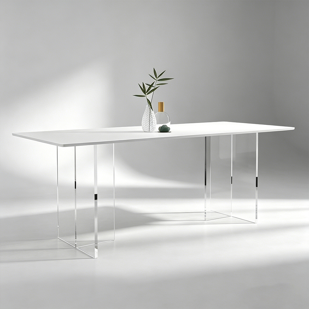 Modern Minimalist Clear Acrylic Leg Rectangular Dining Table, Home Office Conference Desk, Factory Custom Wholesale