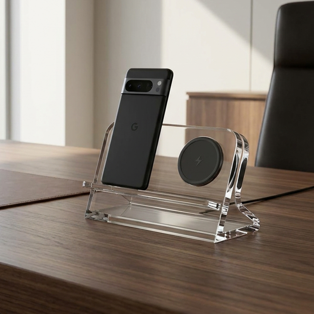 Clear Acrylic Phone Stand with Wireless Charger | Custom Wholesale Desk Phone Holder