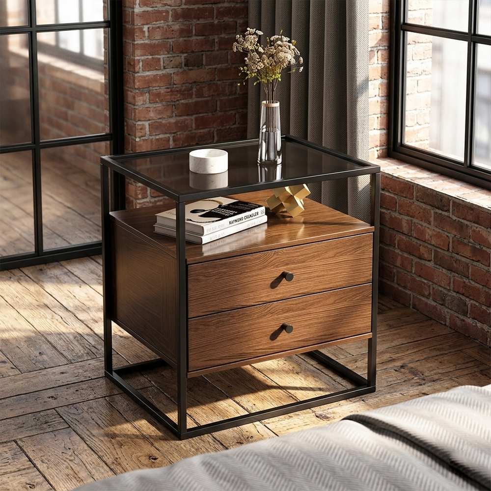 Minimalist Bedroom Bedside Table with Double Drawers, Storage Cabinet, Factory Custom Wholesale