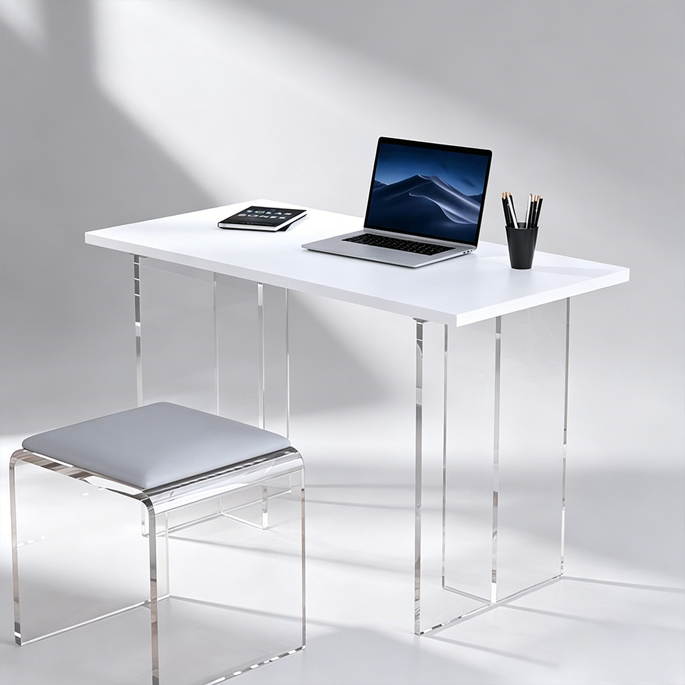 White Acrylic Floating Desk Set | Minimalist Home Office Desk, Clear Acrylic Leg Computer Table with Stool, Factory Custom Wholesale