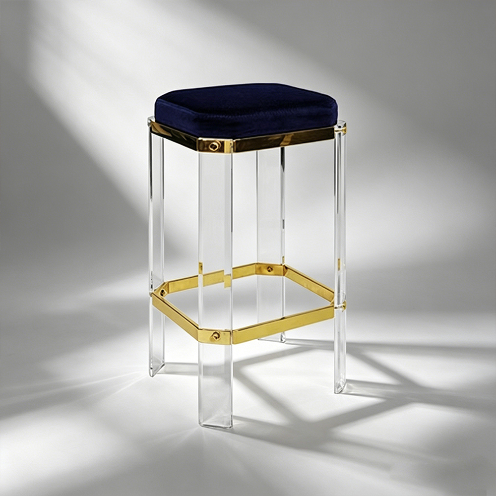 1 Navy Blue Velvet Acrylic & Gold Metal Bar Stool
