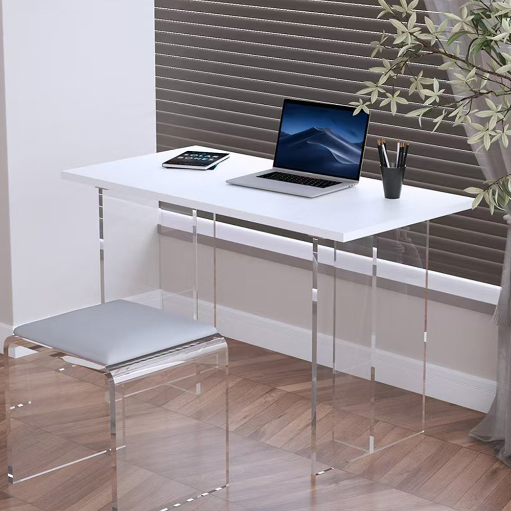 White Acrylic Floating Desk Set | Minimalist Home Office Desk, Clear Acrylic Leg Computer Table with Stool, Factory Custom Wholesale