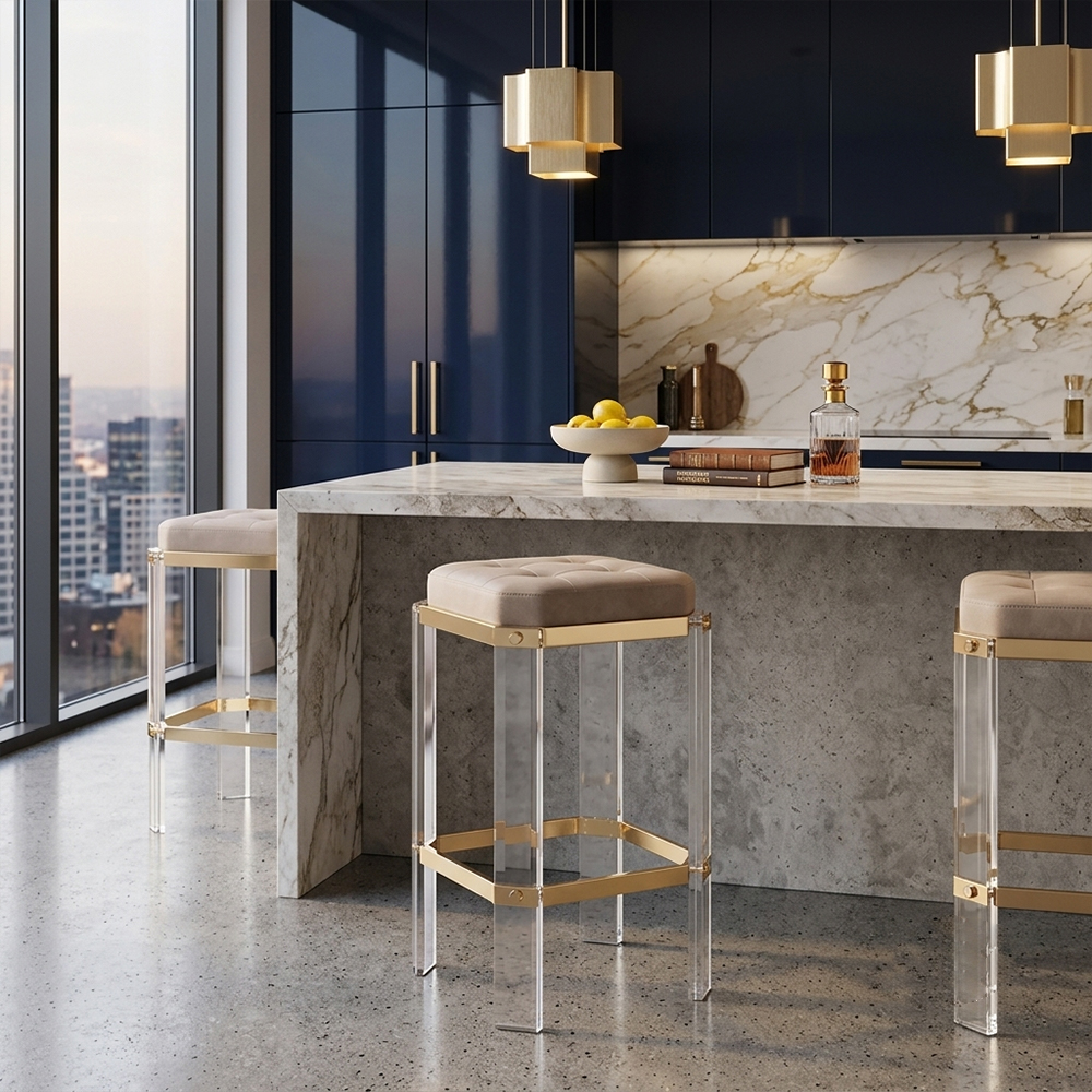 Navy Blue Velvet Acrylic & Gold Metal Bar Stool
