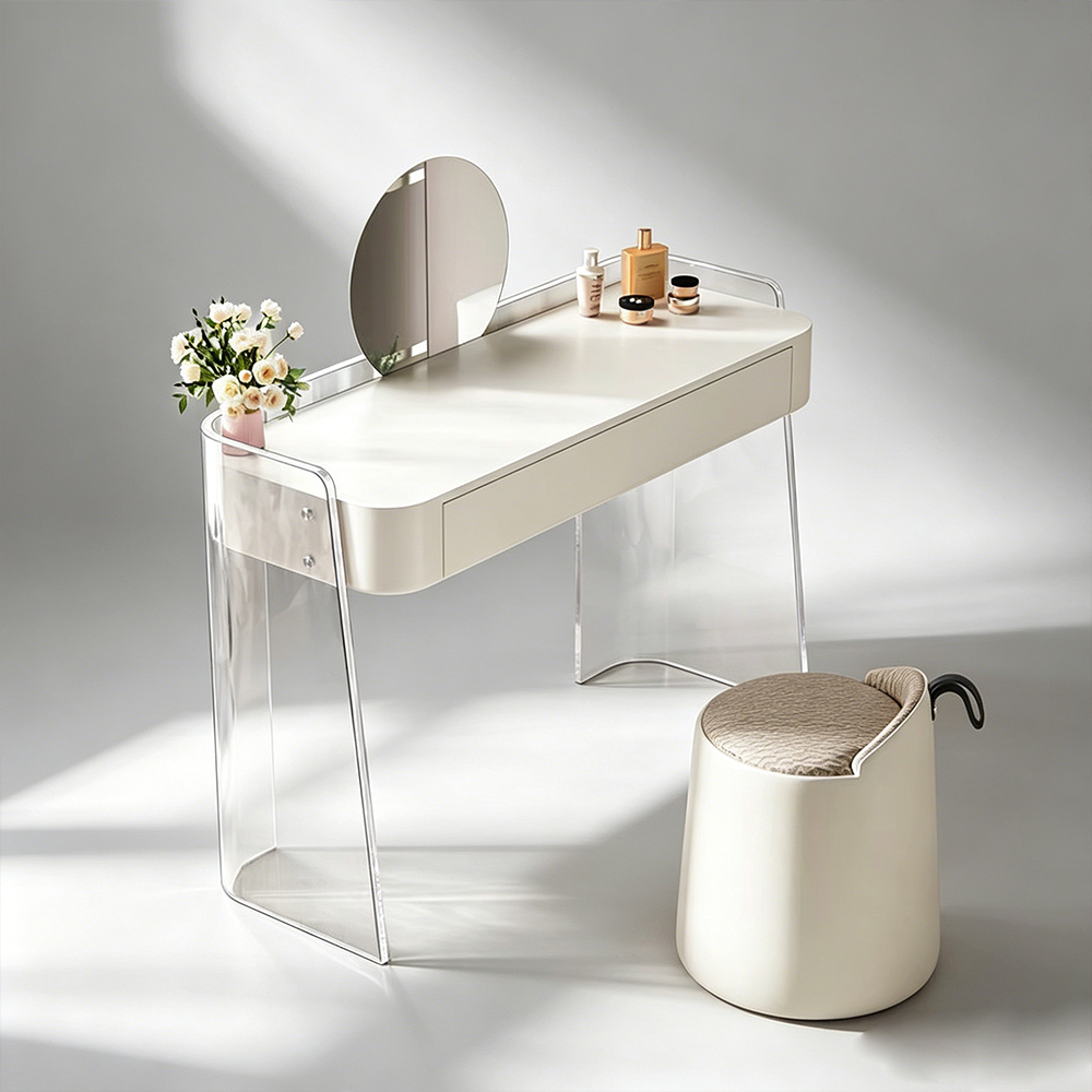 Modern Minimalist Bedroom Makeup Desk with Mirror, Clear Acrylic Leg Dressing Table, Factory Custom Wholesale