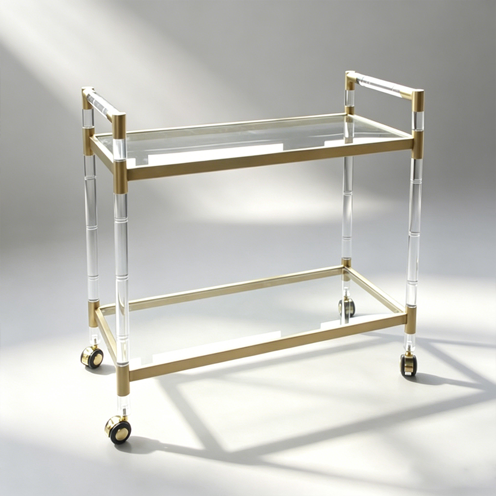 Luxury Clear Acrylic Tube 2-Tier Serving Trolley, Living Room Rolling Cart, Factory Custom Wholesale
