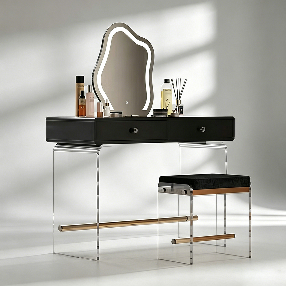 Modern LED Mirror Makeup Desk with Stool, Clear Acrylic Leg Bedroom Dressing Table, Factory Custom Wholesale