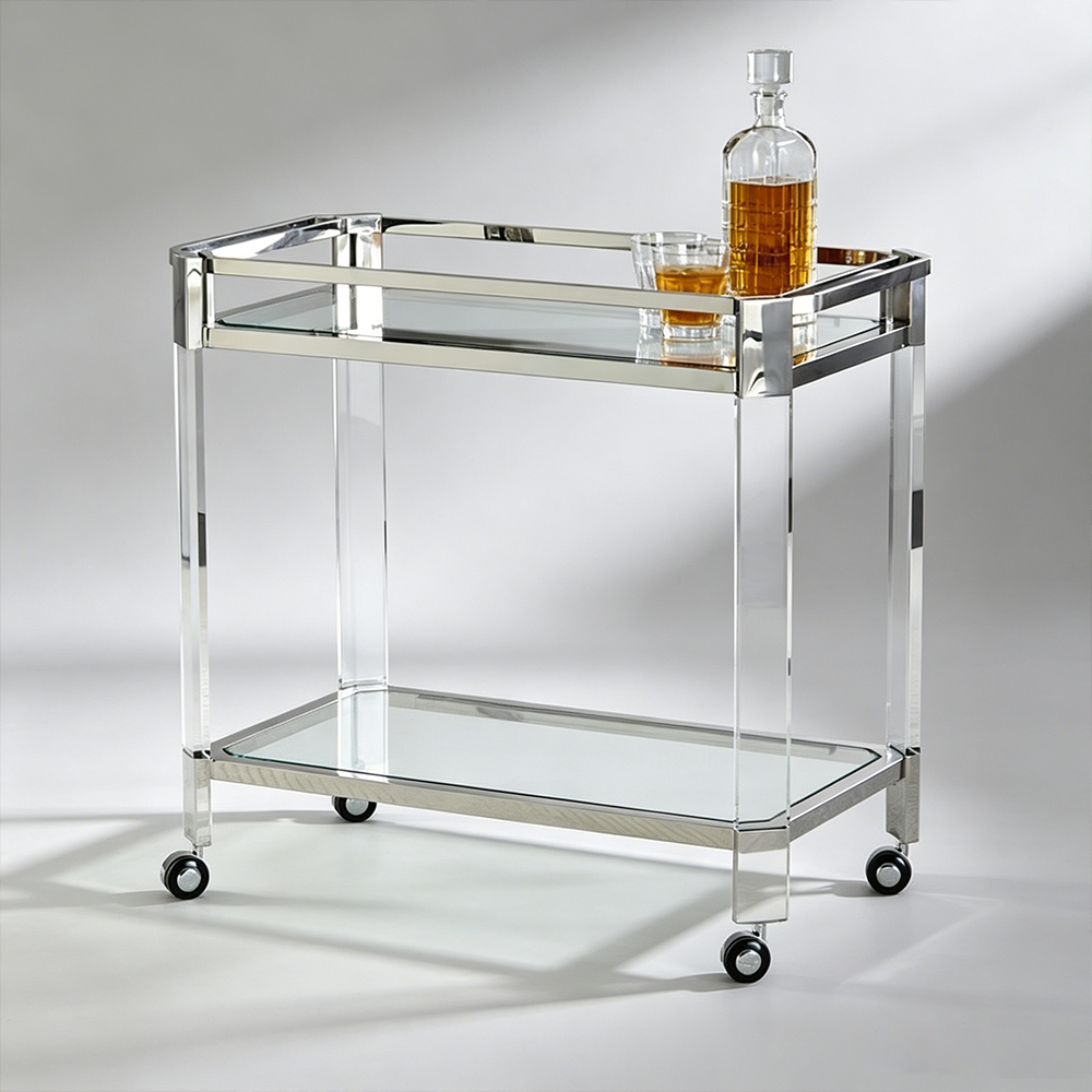 Luxury Clear Acrylic Column 2-Tier Serving Trolley, Living Room Rolling Cart, Factory Custom Wholesale