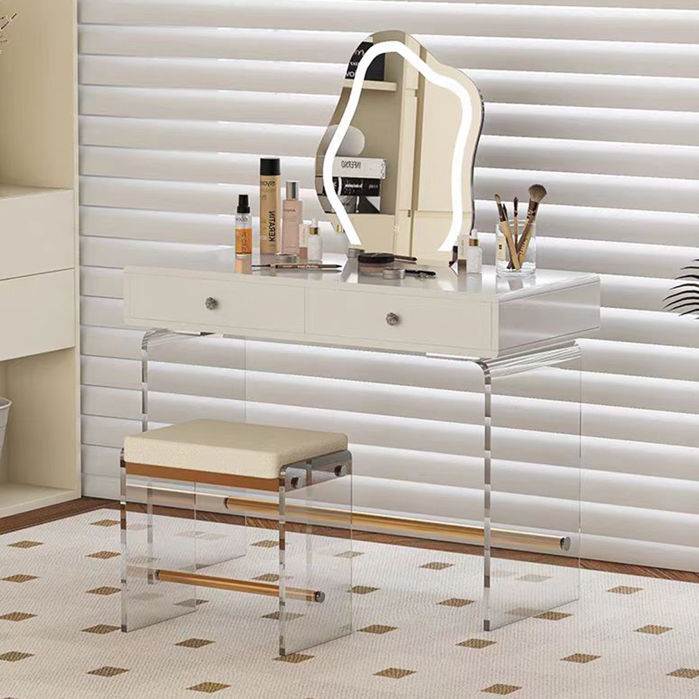 Modern LED Mirror Makeup Desk with Stool, Clear Acrylic Leg Bedroom Dressing Table, Factory Custom Wholesale