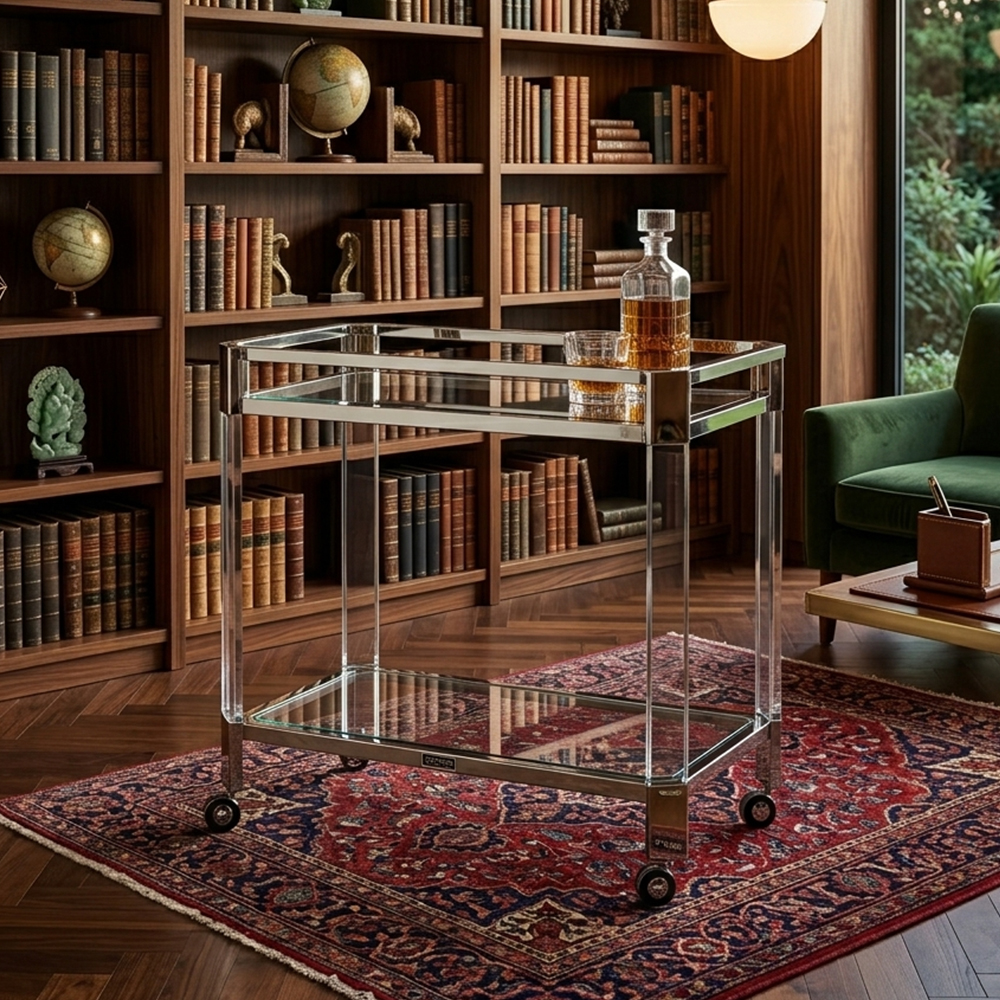Luxury Clear Acrylic Column 2-Tier Serving Trolley, Living Room Rolling Cart, Factory Custom Wholesale