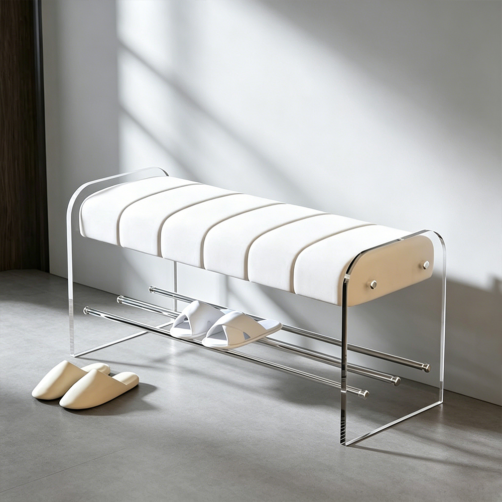 Modern Luxury Clear Acrylic Shoe Bench with Rack, Home Storage Ottoman, Factory Custom Wholesale