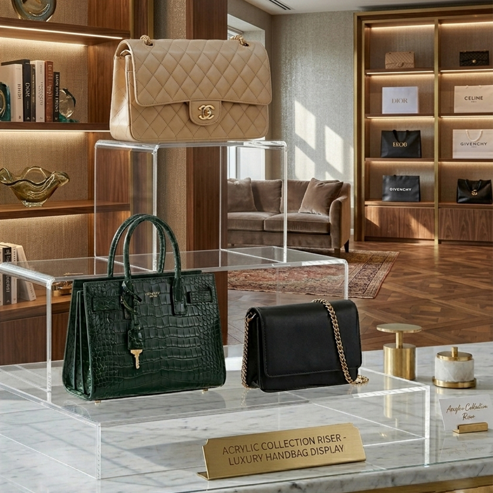 Tiered Clear Acrylic Luxury Handbag Display Riser | Wholesale Retail Showcase Stand