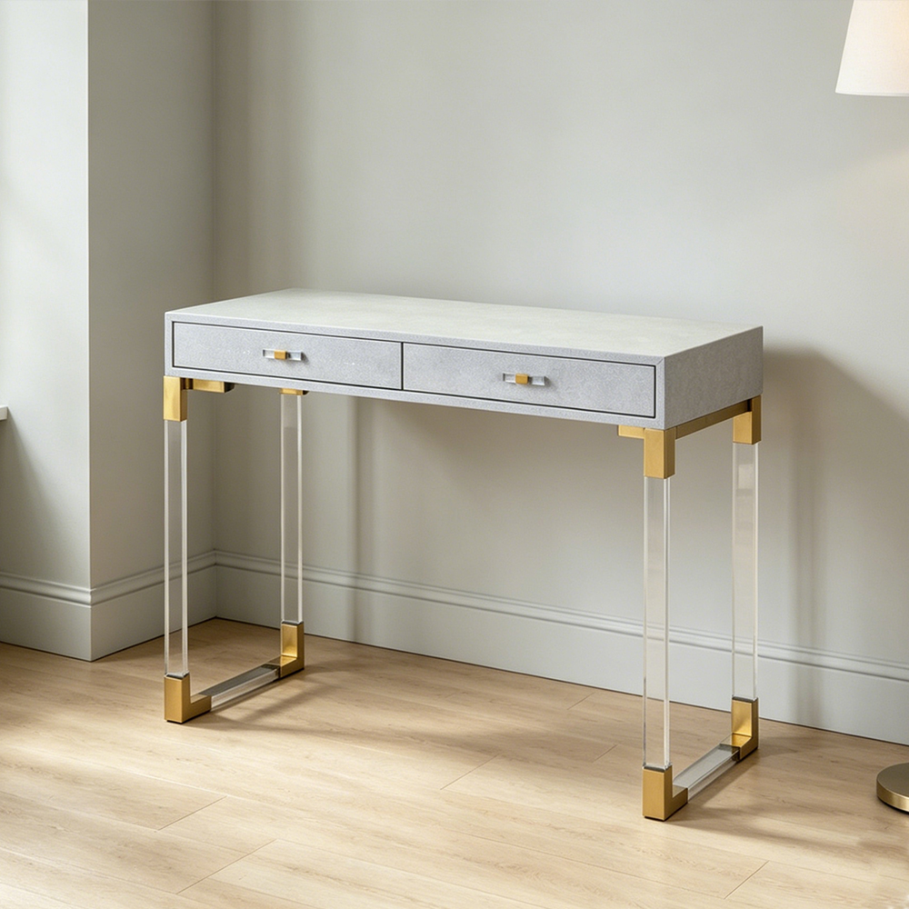 Luxury Light Grey Velvet Acrylic Desk | Modern Gold Metal Leg Home Office Desk, Vanity Table, Factory Custom Wholesale