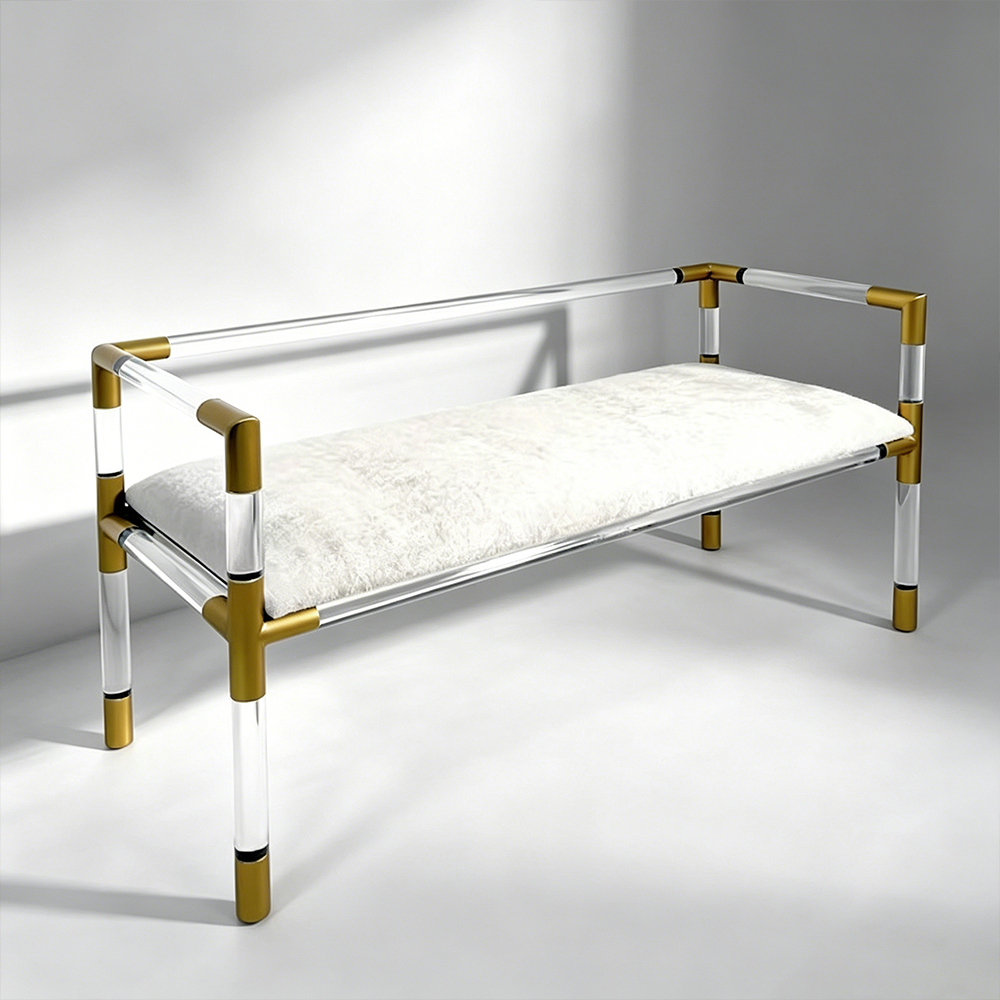Luxury Clear Acrylic Tube End-of-Bed Bench, Living Room Accent Ottoman, Factory Custom Wholesale