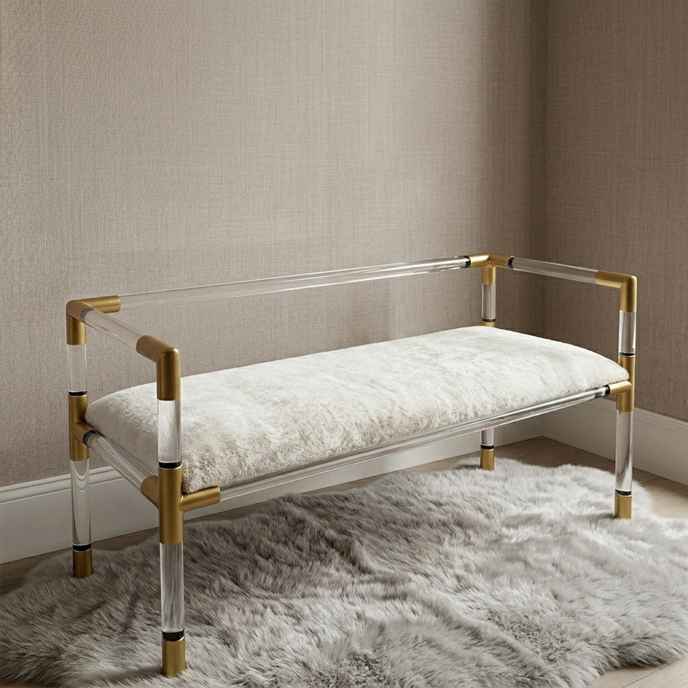 White Faux Fur Acrylic & Metal Bench