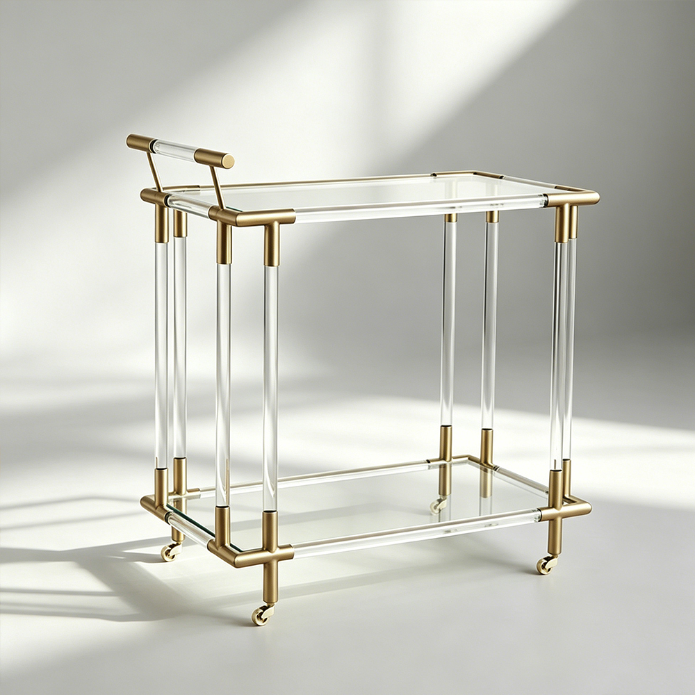 Luxury Clear Acrylic Tube Serving Trolley, Living Room Kitchen Rolling Cart, Factory Custom Wholesale