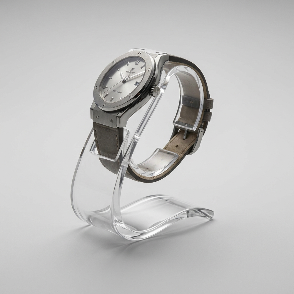 S-Shaped Clear Acrylic Single Watch Stand | Custom Wholesale Timepiece Display Holder