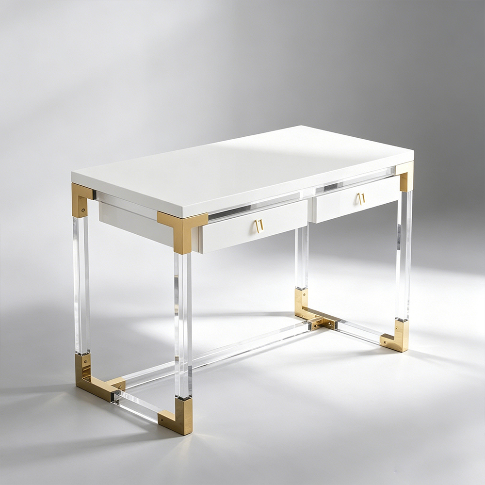 Luxury White Acrylic Desk | Modern Gold Metal Frame Home Office Desk with Drawers, Factory Custom Wholesale
